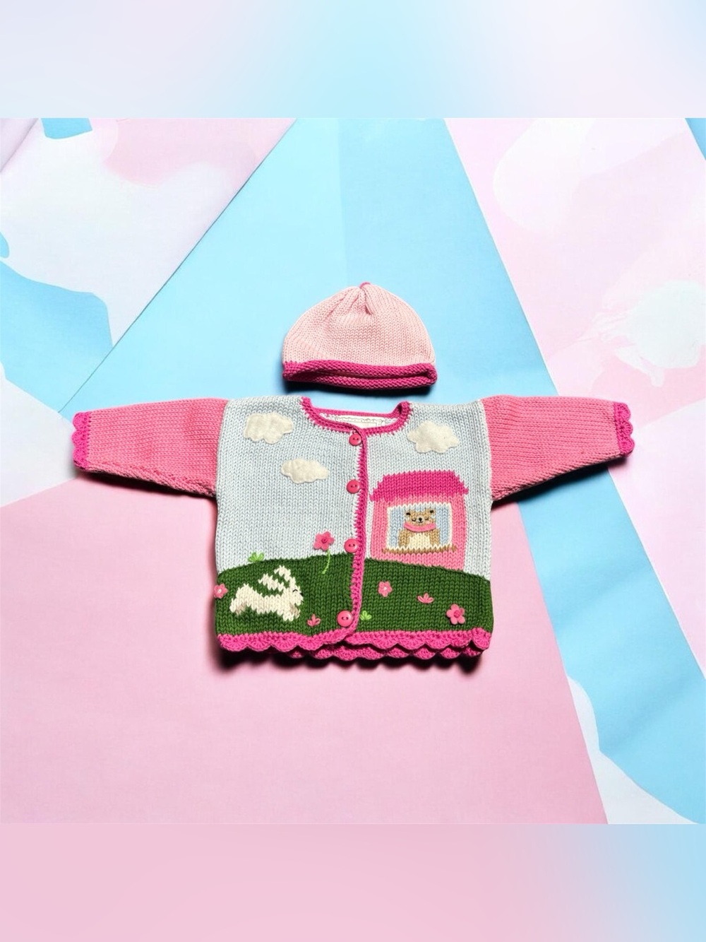 Artwalk Cute Pink & Green Knit Baby Cardigan with Matching Hat size 6 months
